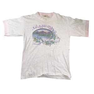 VINTAGE Skagway Alaska Graphic Shirt Mens Large White Pink Ringer Made USA 90s